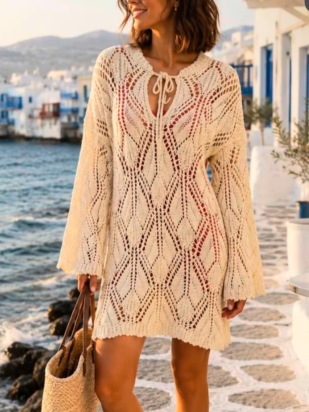 NWT Zara Cream Crochet Tie-Neck Coverup Tunic Sweater